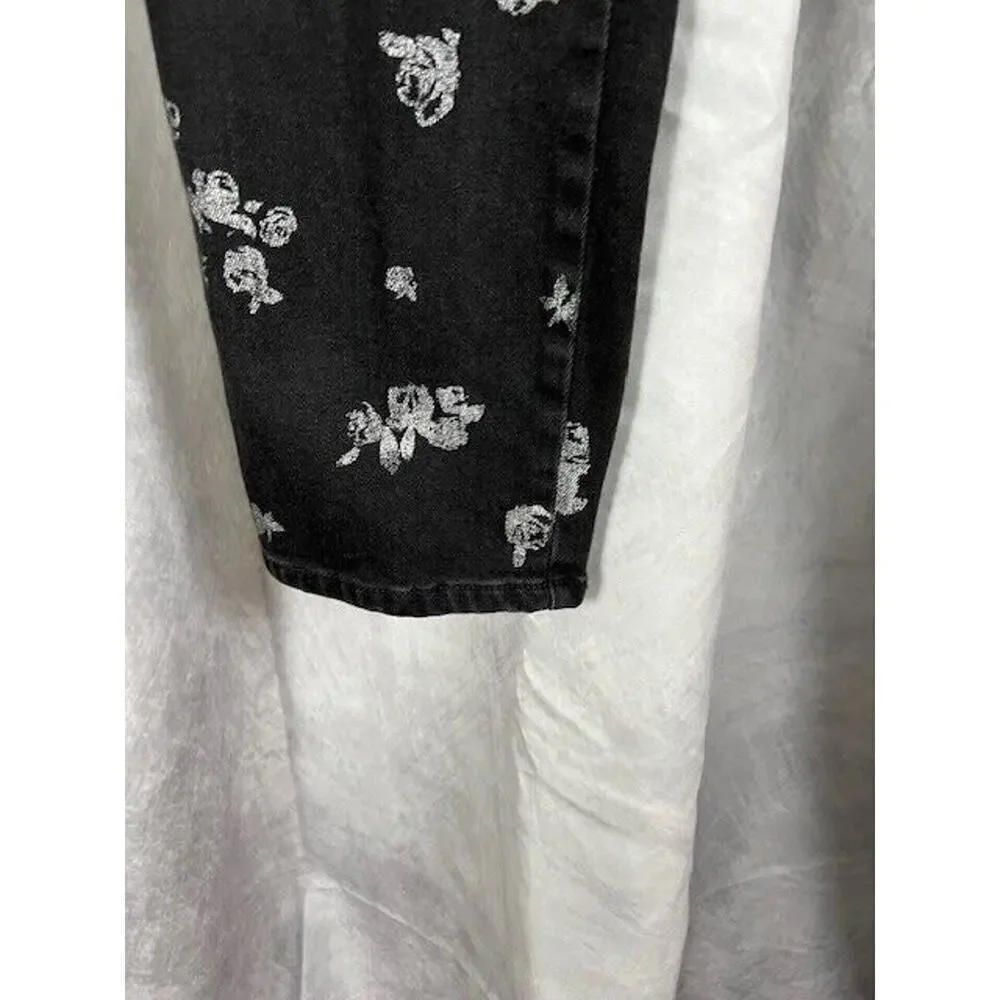 Michael Kors Izzy Cropped Skinny Black Jeans with Silver Flowers Size 16W